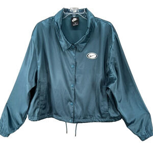Nike Jacket Womens Sz 1X Teal Blue Satin Bomber Snap Front‎ 80s Vibe Embroidered
